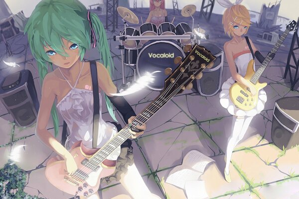 Ein Cartoon-Bild von Mädchen, die Gitarren und Schlagzeug spielen