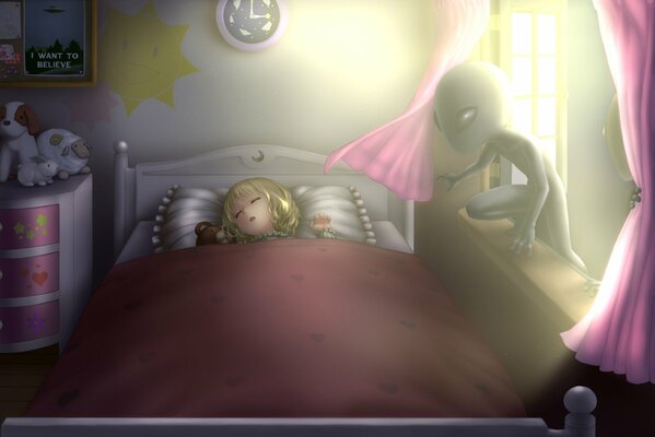 Un extraterrestre Mira a una niña dormida