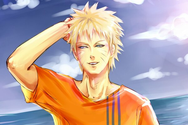 Smiling Naruto on the shore. Purple sky behind the guy. Blonde from the anime smile