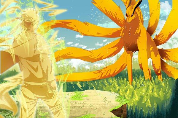 An epic picture from the anime with a nine -tailed