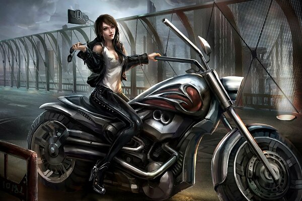 Art dziewczyny na motocyklu stojącym na moście