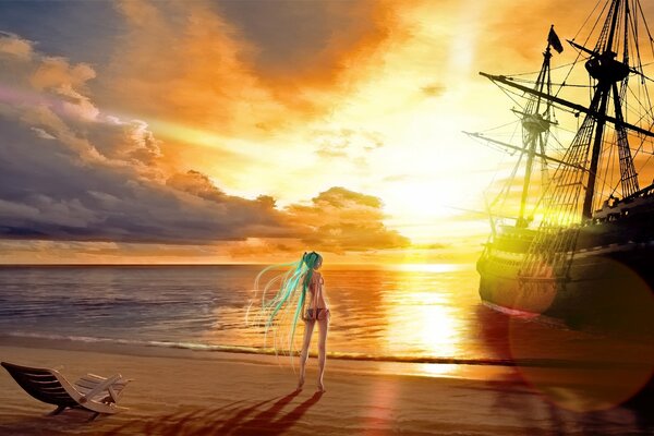 Dziewczyna na brzegu Zachód słońca chmury