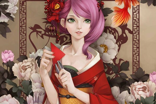 Japanese girl in kimono on background with peonies