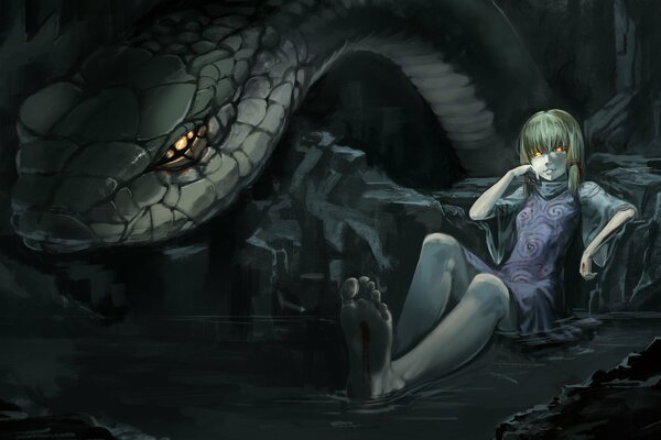 A girl with burning eyes in a cave with a big snake