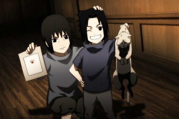 Uchiha Sasuke et Uchiha Itachi avec chat