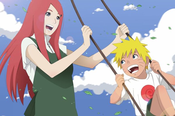 Anime Naruto felicità in una giornata di sole su un altalena