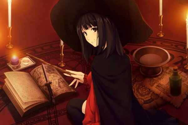 Anime witch conjures by candlelight