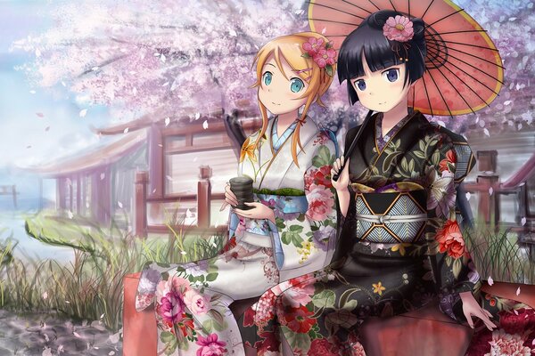 Die Teezeremonie der Mädchen im Kimono