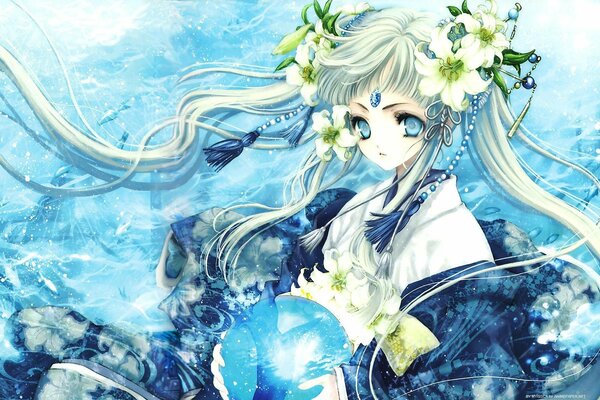 Chica con flores de lirio en el pelo en el agua