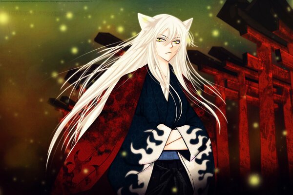 An anime character with cat ears in a kimono