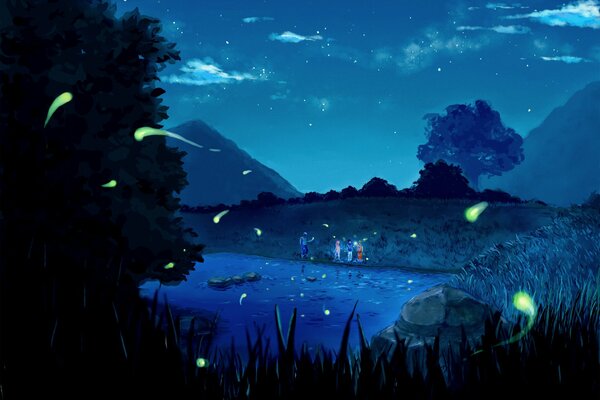 Anime personnes près du lac dans la nuit des taches lumineuses