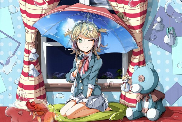 A girl with toys under an umbrella on the background of a window