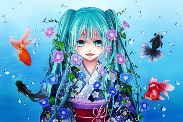 Anime arte chica con peces