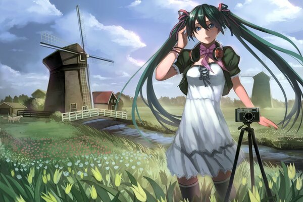 Piękna dziewczyna anime na trawie