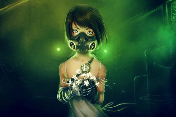 A girl in a gas mask with a bouquet