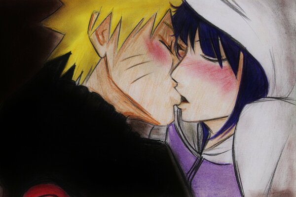 Art, anime, naruto, naruto uzumaki, hinata, hyuga hinata, girl, guy, kiss