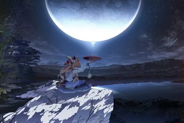 A witch girl on top of a mountain by a lake under a full moon