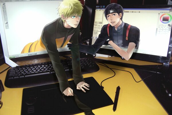 Naruto and Sai got out of the monitor