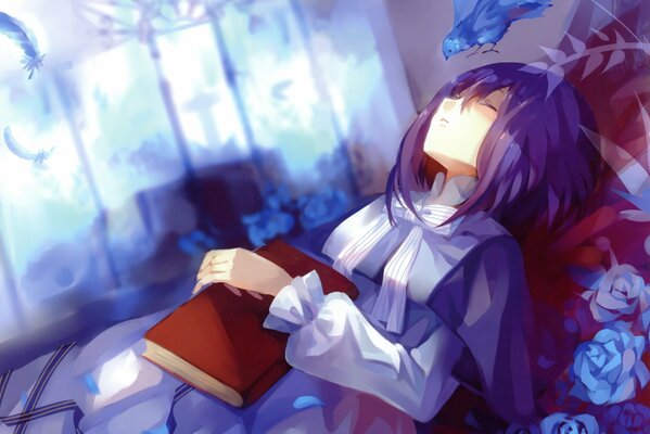 Une lectrice endormie dans des roses bleues