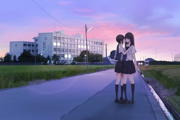 Anime girls schoolgirls on the background of the evening sky