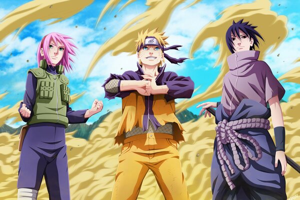 Shinobi is in joy . Naruto Sakura and Sasuke