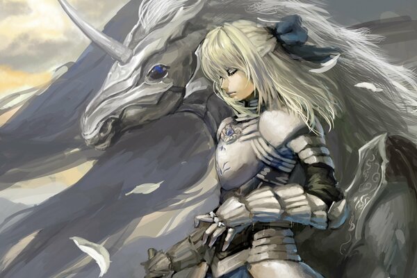 A warrior girl with a fighting unicorn in gray