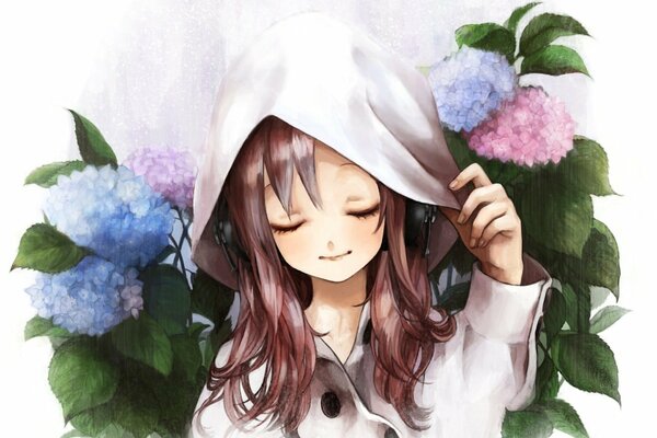 Drawing of a girl in a hood and with hydrangeas