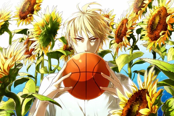 Anime Chico con una pelota de baloncesto en el campo