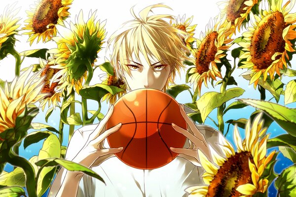 Anime Garçon avec ballon de basket sur le terrain