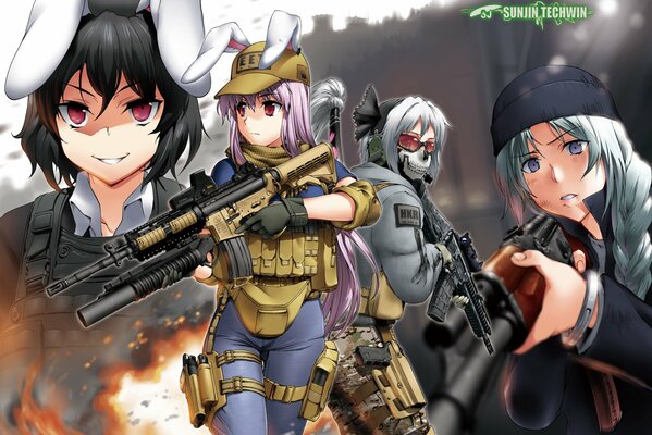 Chicas anime en uniforme con armas de call of Duty