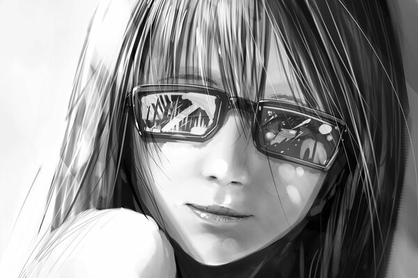 Girl with bangs and glasses in black and white