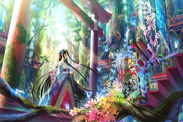 A girl with long black hair in colorful clothes among flowers and vines