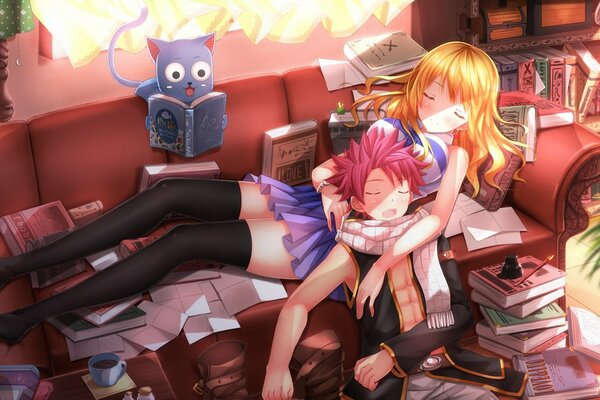 Anime śpiące w książkach dziewczyna i chłopak