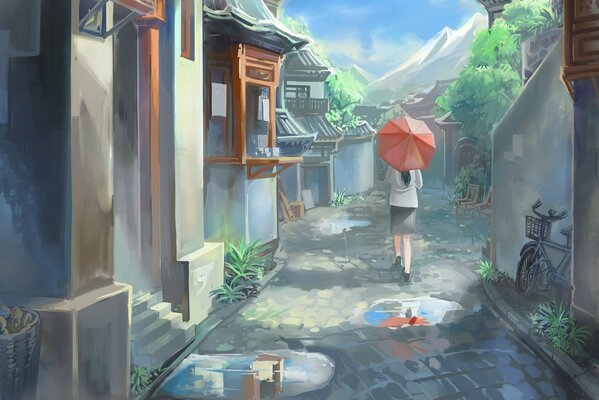 Anime-Kunst-Mädchen mit Regenschirm
