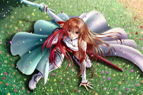 Sword art girl in a meadow of flowers