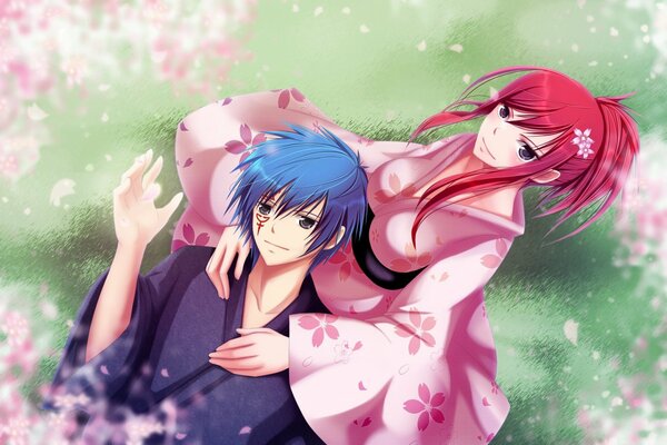 Anime conte de fées sur la queue des fées, le gars et la fille dans les pétales de Sakura