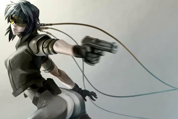 Art, ghost in armor with weapons Kusanagi motoko girl wire glasses