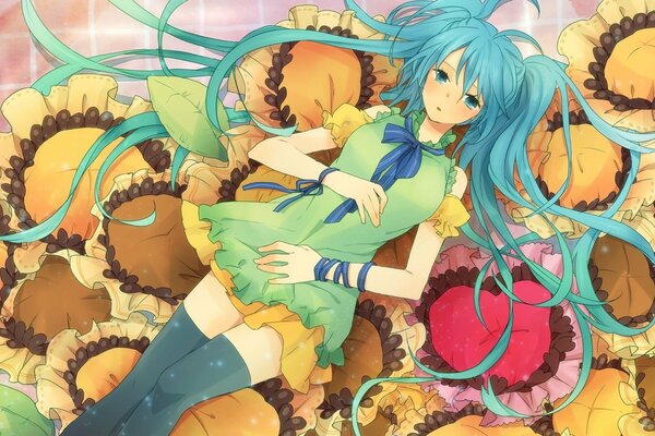 Anime girl with blue hair in sunflowers