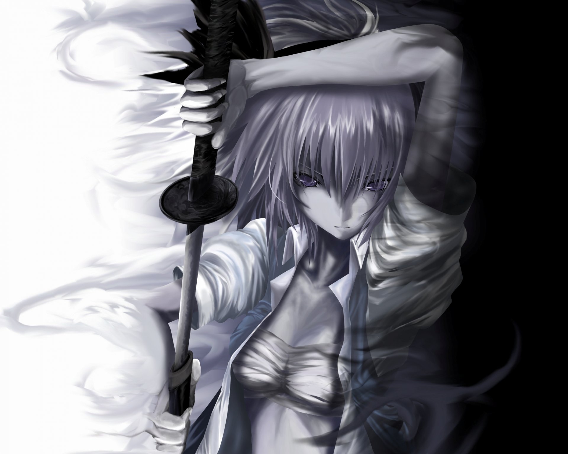 touhou girl black white sword katana picture