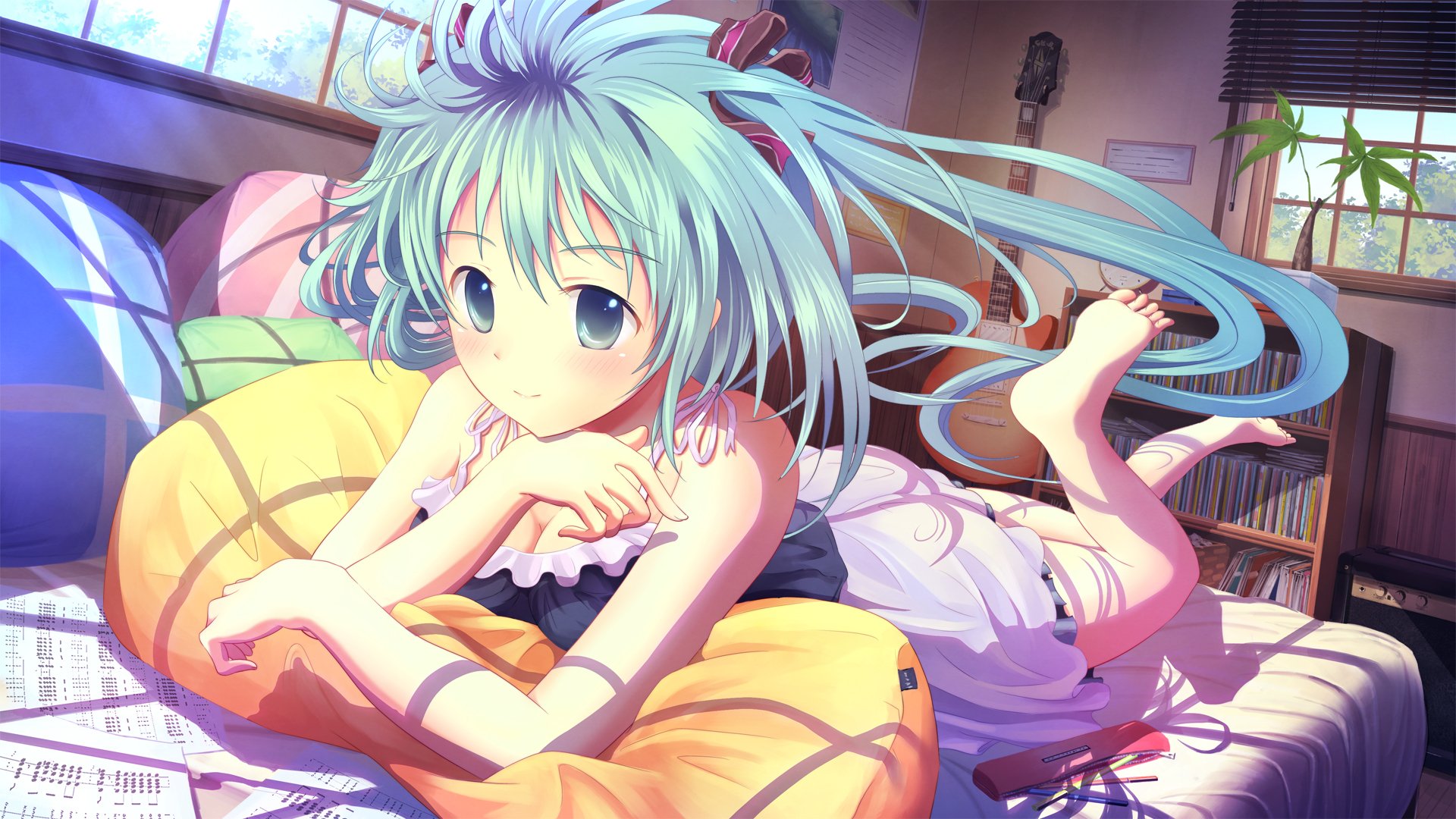 hatsune miku vocaloid fille se trouve reste chambre soleil guitare enregistrement notes oreiller