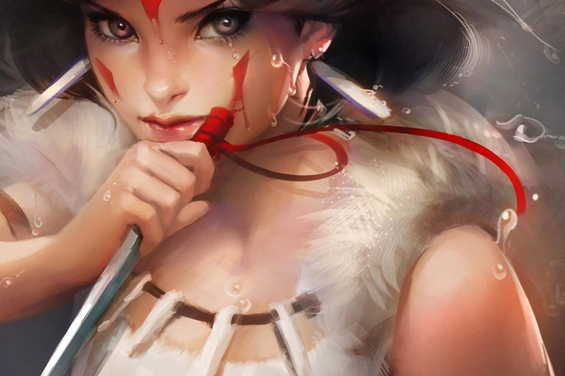 art sakimichan princess mononoke mononoke hime girl tattoo tears drops dagger