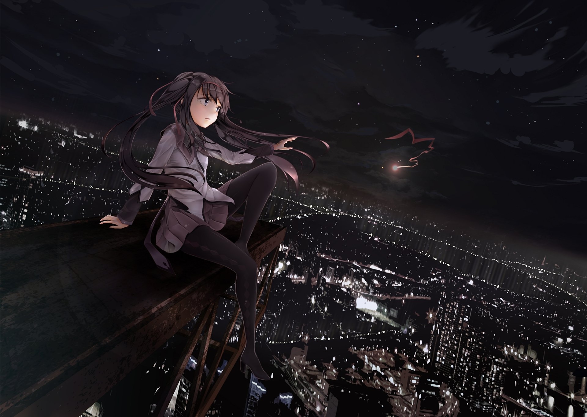 arte ahirun mahou shoujo madoka magika akemi homura niña noche ciudad cinta viento luces