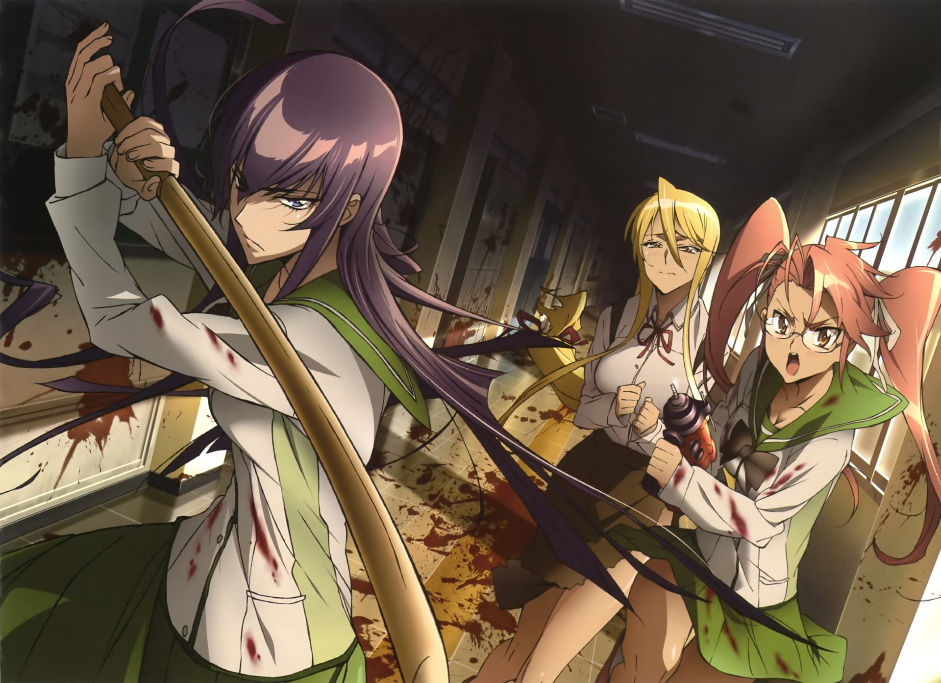 highschool of the dead busujima saeko busudzima saeko saya takagi school girls weapon blood zombie