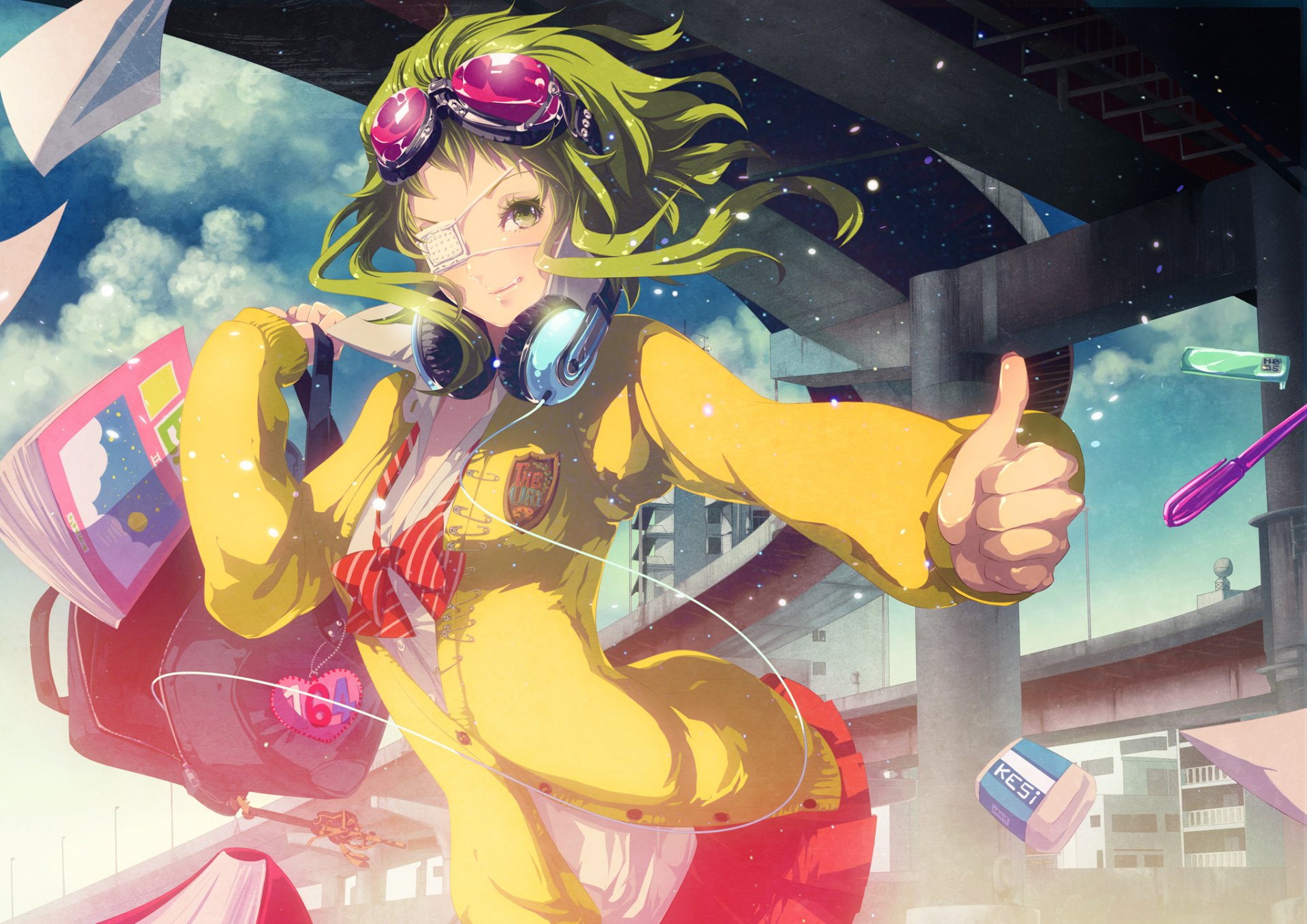 gumi vocaloid arte ikushima chica diadema gafas escuela tutoriales uniforme auriculares