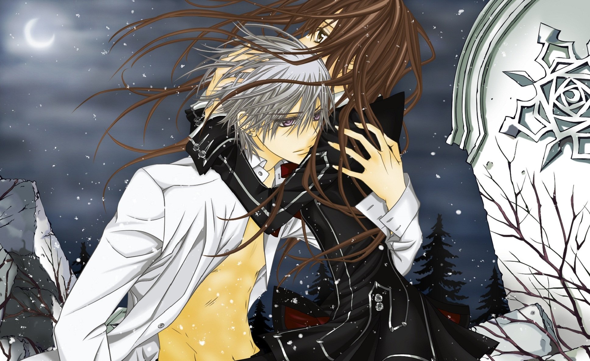 kiryu zero cavaliere vampiro croce yuki cavaliere vampiro luna notte neve vento stufa abbraccio