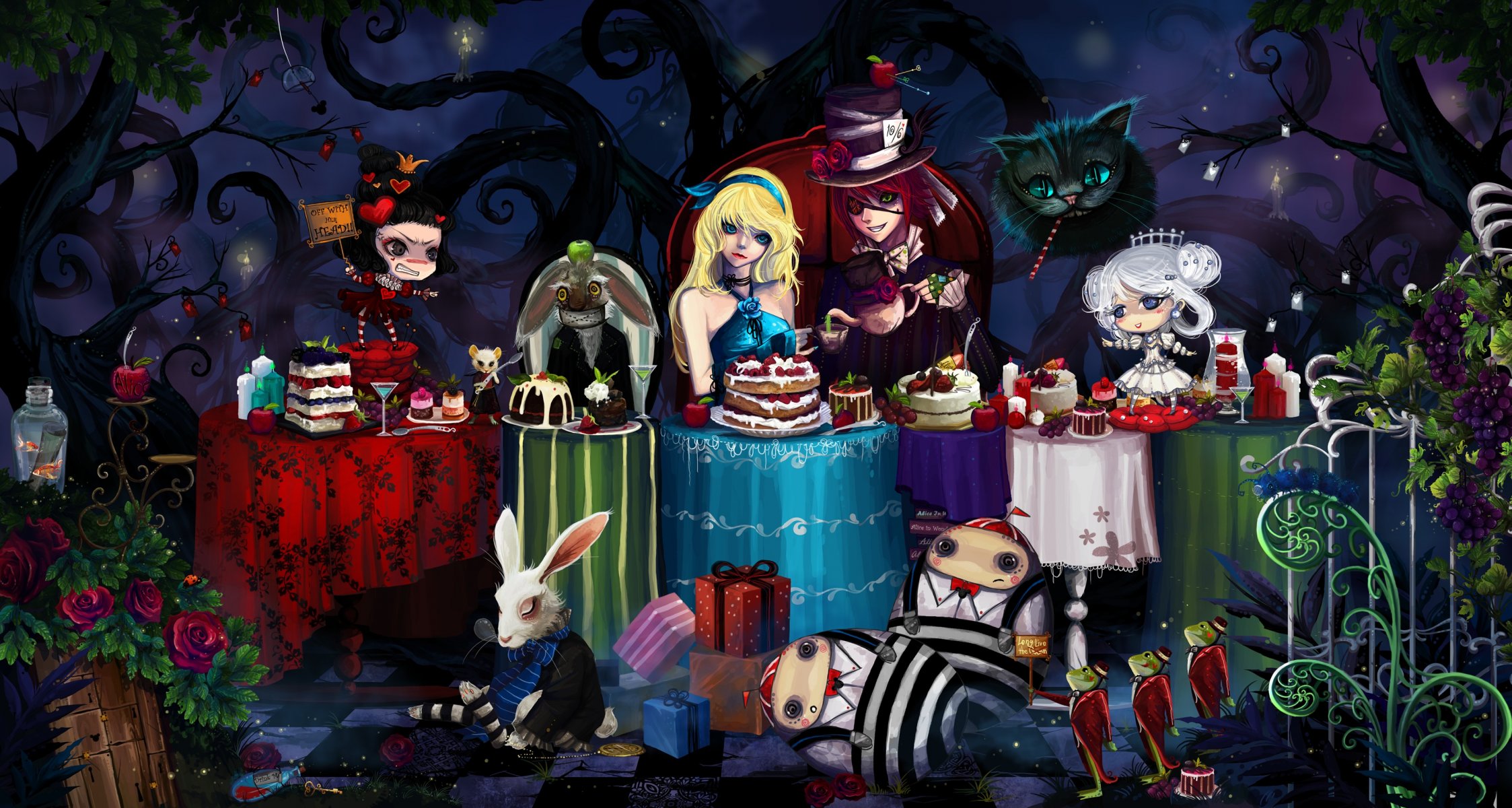 alice in wonderland cheshire hatter rabbit cake mouse frog table