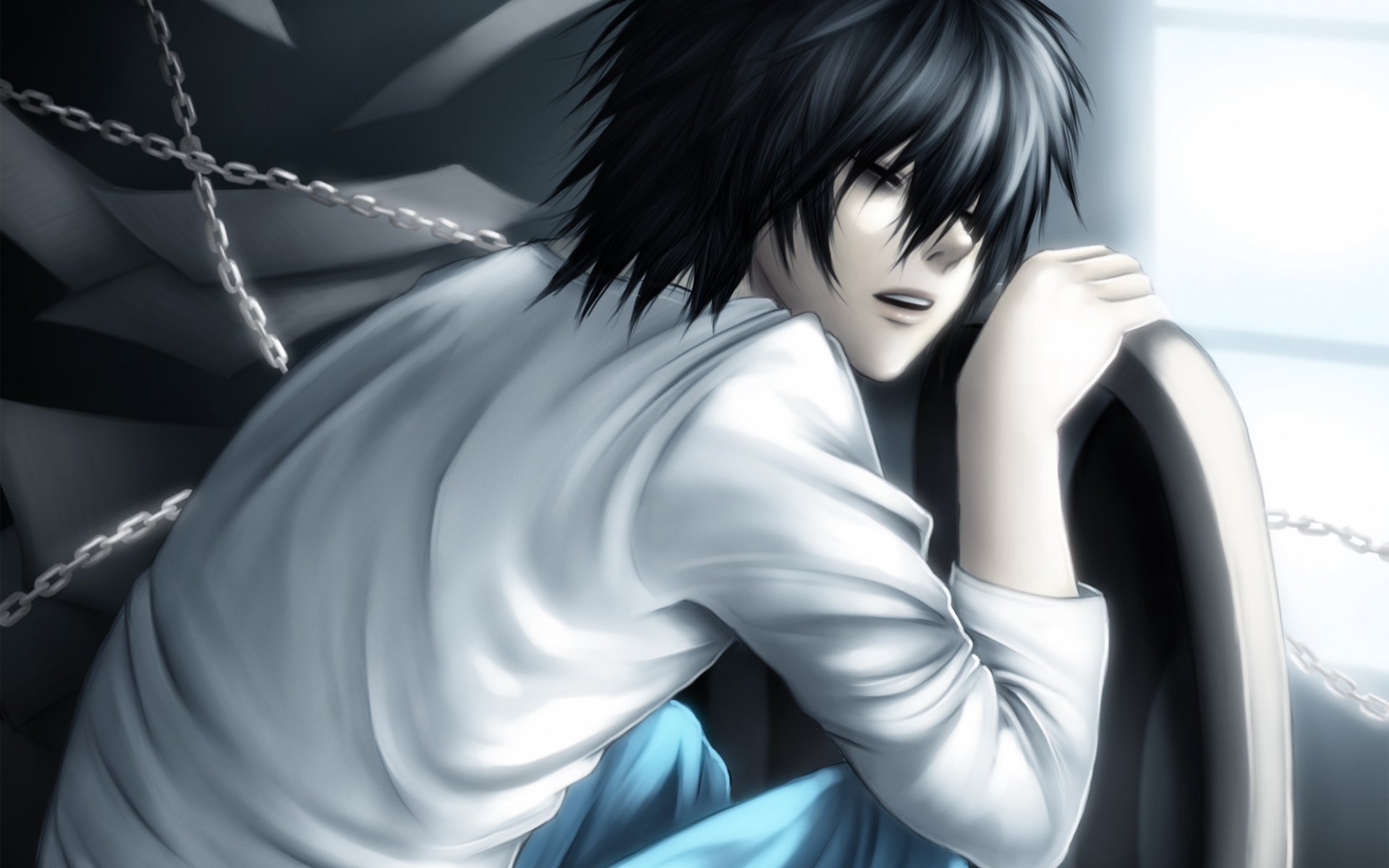 death note l lawliet death note facet śpi łańcuchy arkusze krzesło światło