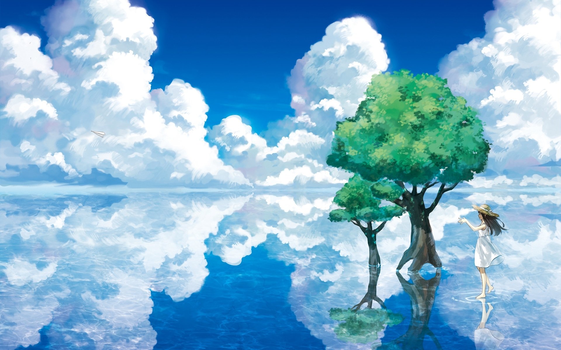 art girl landscape tree water lake reflection clouds hat