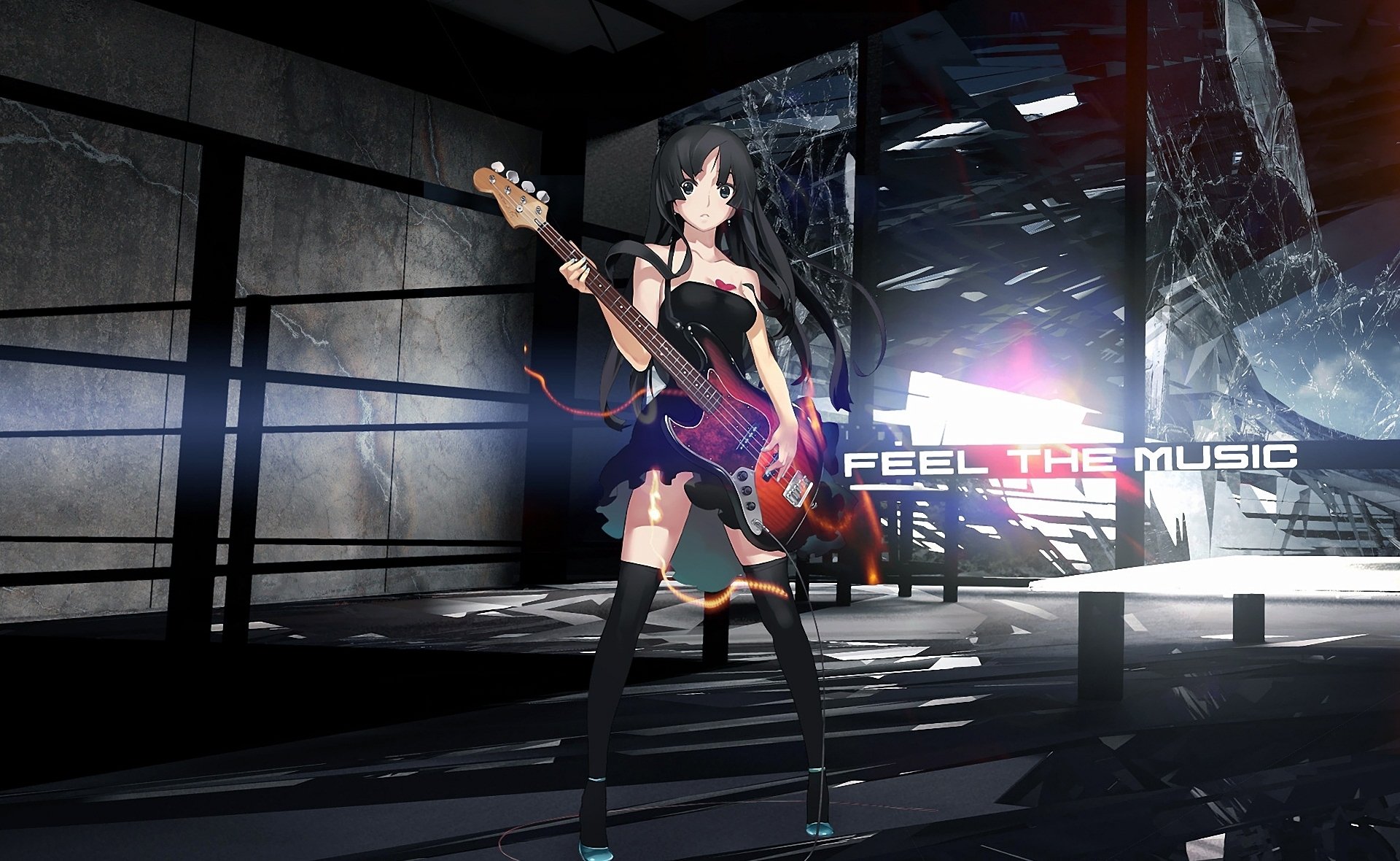 k-on akiyama mio girl guitars rendering inscription glass broken