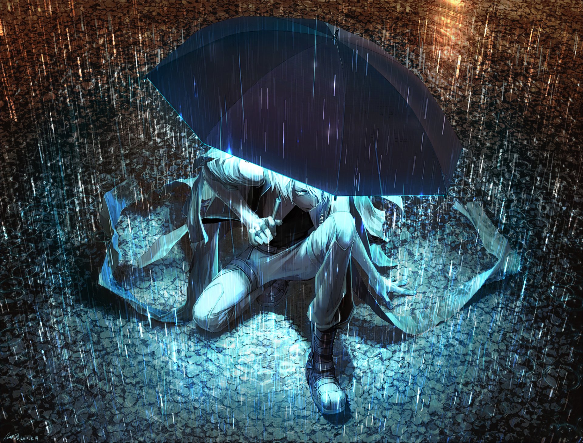 art yuanmaru guy umbrella umbrella rain light night puddle